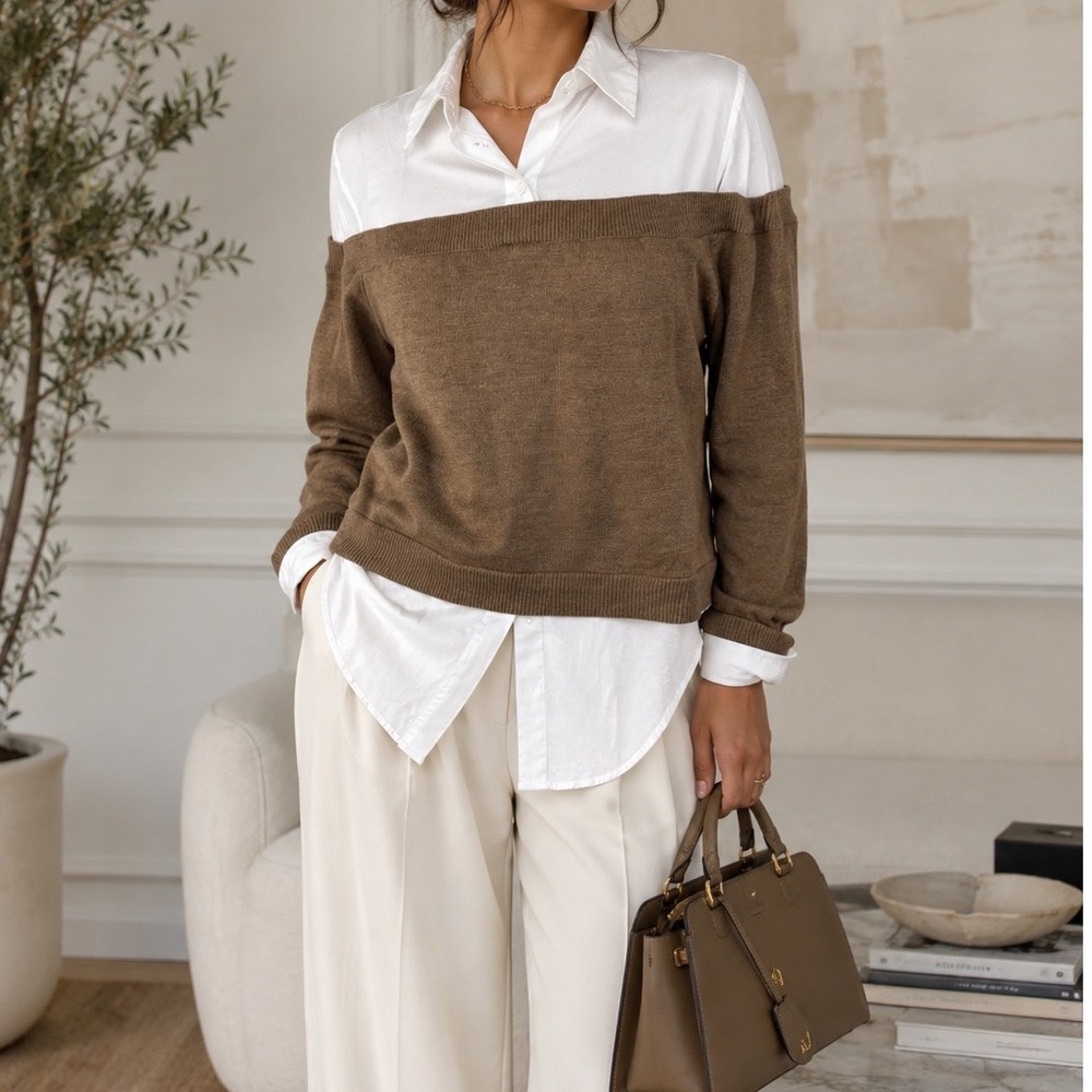 Pearl by Lela Rose Wool Mixed Media Layered Sweater Shirt Brown White Medium zz